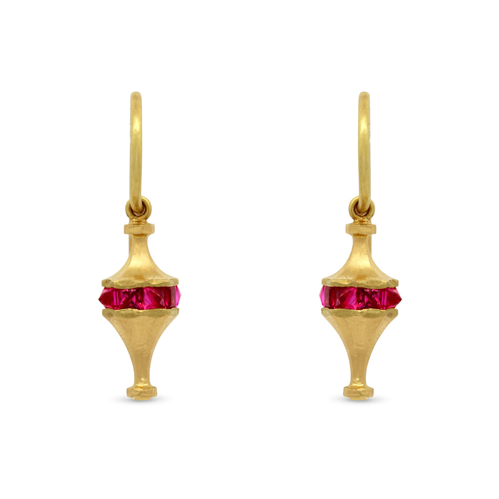 Photograph 1 of of Sam Lafford's Contemporary 18k Yellow Gold Leading Light Ruby Drop Statement Earrings. Available on DESIGNYARD.com and in our Jewellery Shop Dublin, Ireland. Free Worldwide Shipping with DHL.