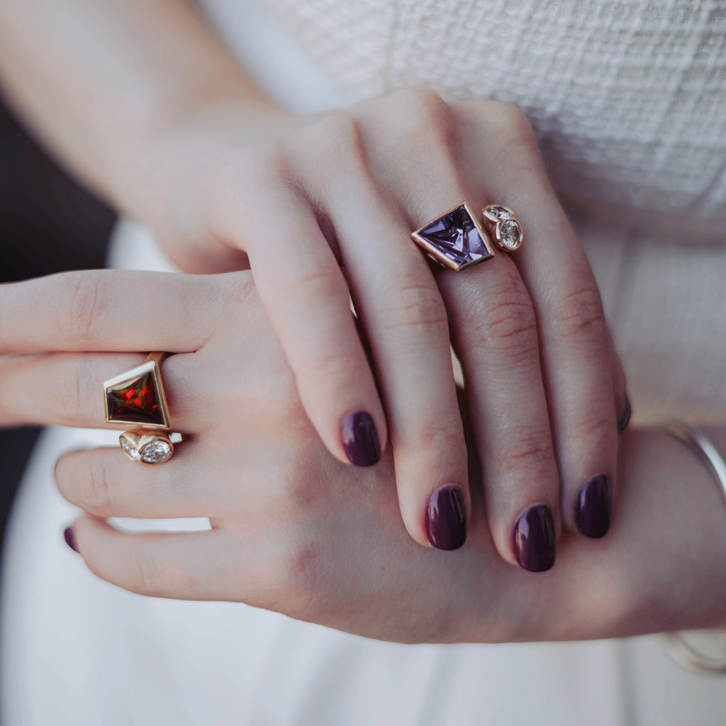 Photograph 2 of Sam Lafford's Contemporary 18k Rose Gold Amethyst Diamond Shamwari Statement Ring. Available on DEIGNYARD.com and in our Jewellery Shop Dublin, Ireland. Free Worldwide Shipping with DHL.