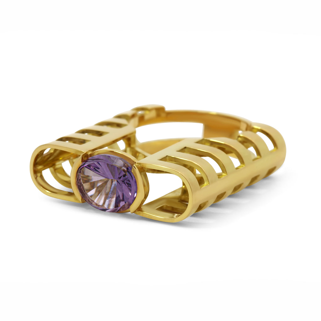 Photograph 1 of Siobhan McArdle's Contemporary 18k Yellow Gold Amethyst Neoteric Reverie Statement Ring. Available on DESIGNYARD.com and in our Jewellery Shop Dublin, Ireland. Free Worldwide Shipping with DHL.