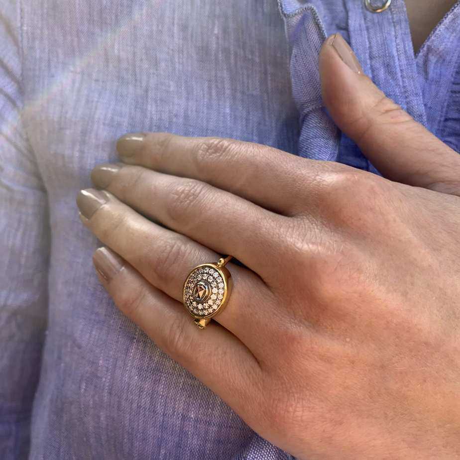 Photograph 3 of Josephine Bergsøe's Contemporary 18K 22K Yellow Gold Oval Pave Diamond Statement Ring. Available on DESIGNYARD.com and in our Jewellery Shop Dublin, Ireland. Free Worldwide Shipping with DHL.