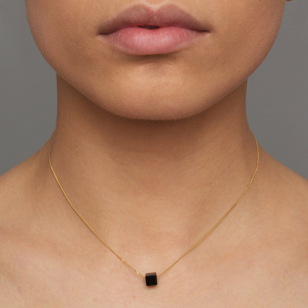 Nicole Van Der Wolf - 9k Yellow Gold Black Onyx Cube Necklace - DESIGNYARD, Dublin Ireland.