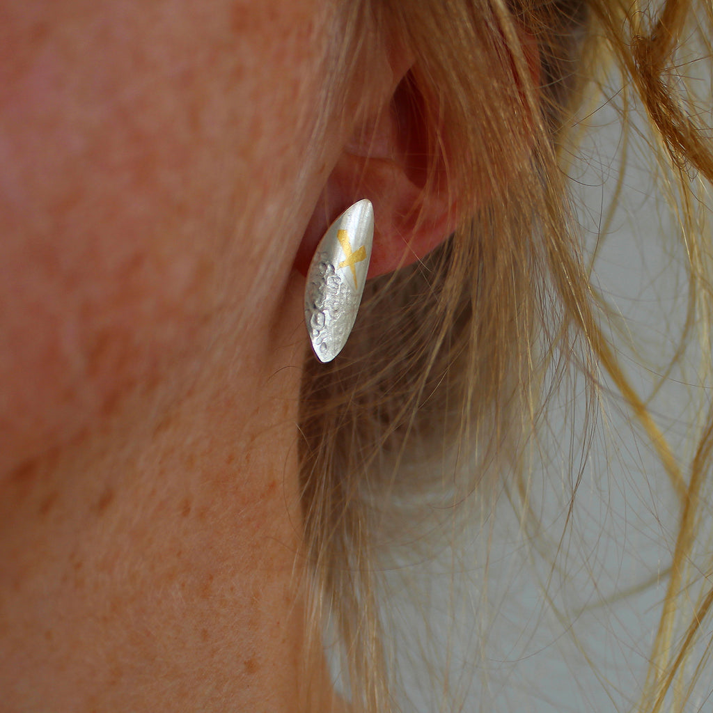 Photograph 2 of Cassie McCann's Contemporary Irish Made Sterling Silver Shelly Banks Stud Earrings. Available on DESIGNYARD.com Number 1 for Contemporary Jewellery Dublin, Ireland. Worldwide Shipping.