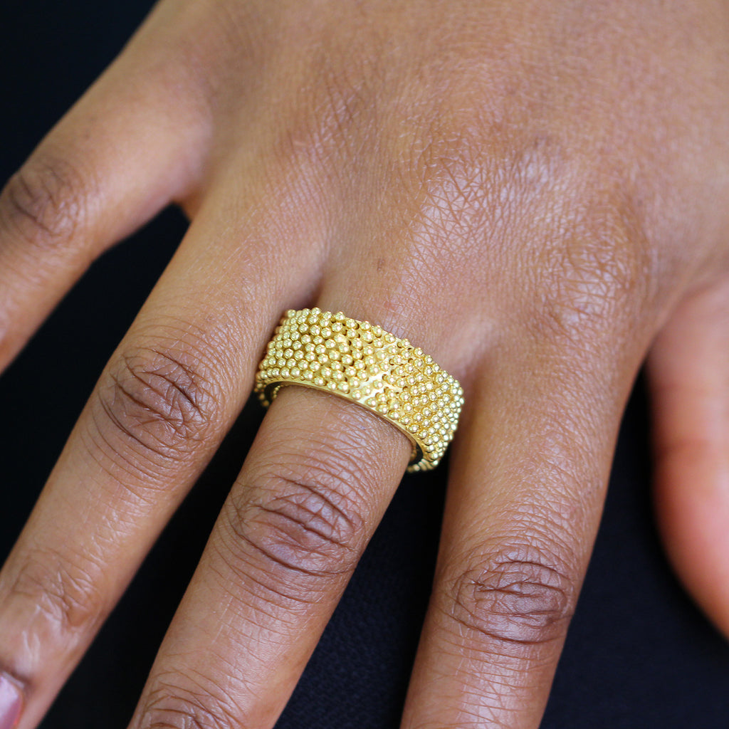 Photograph 2 of Erik Urbschat's Contemporary 18k Yellow Gold Hedgehog 8 Statement Ring. Available on DESIGNYARD.com and in our Jewellery Shop Dublin, Ireland.