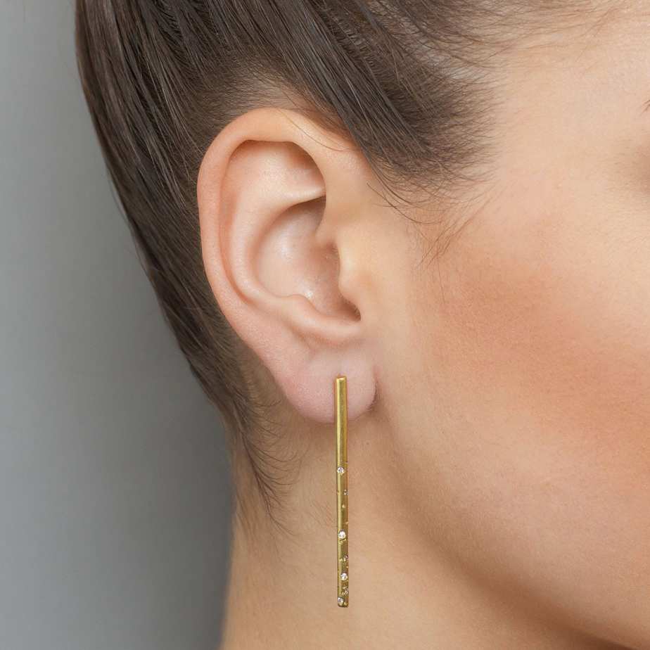 Photograph 2 of Kate Smith's Contemporary 18k Yellow Gold Long Spotty Diamond Earrings. Available on DESIGNYARD.com and in our Jewellery Shop Dublin, Ireland. Free Worldwide Shipping with DHL.