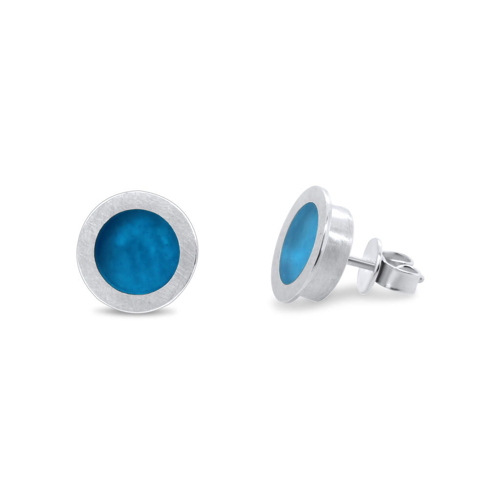 Photograph 1 of Monika Jakubec's Contemporary Silver Petrol Blue Resin Stud Statement Earrings. Available on DESIGNYARD.com and in our Jewellery Shop Dublin, Ireland. Free Worldwide Shipping with DHL.