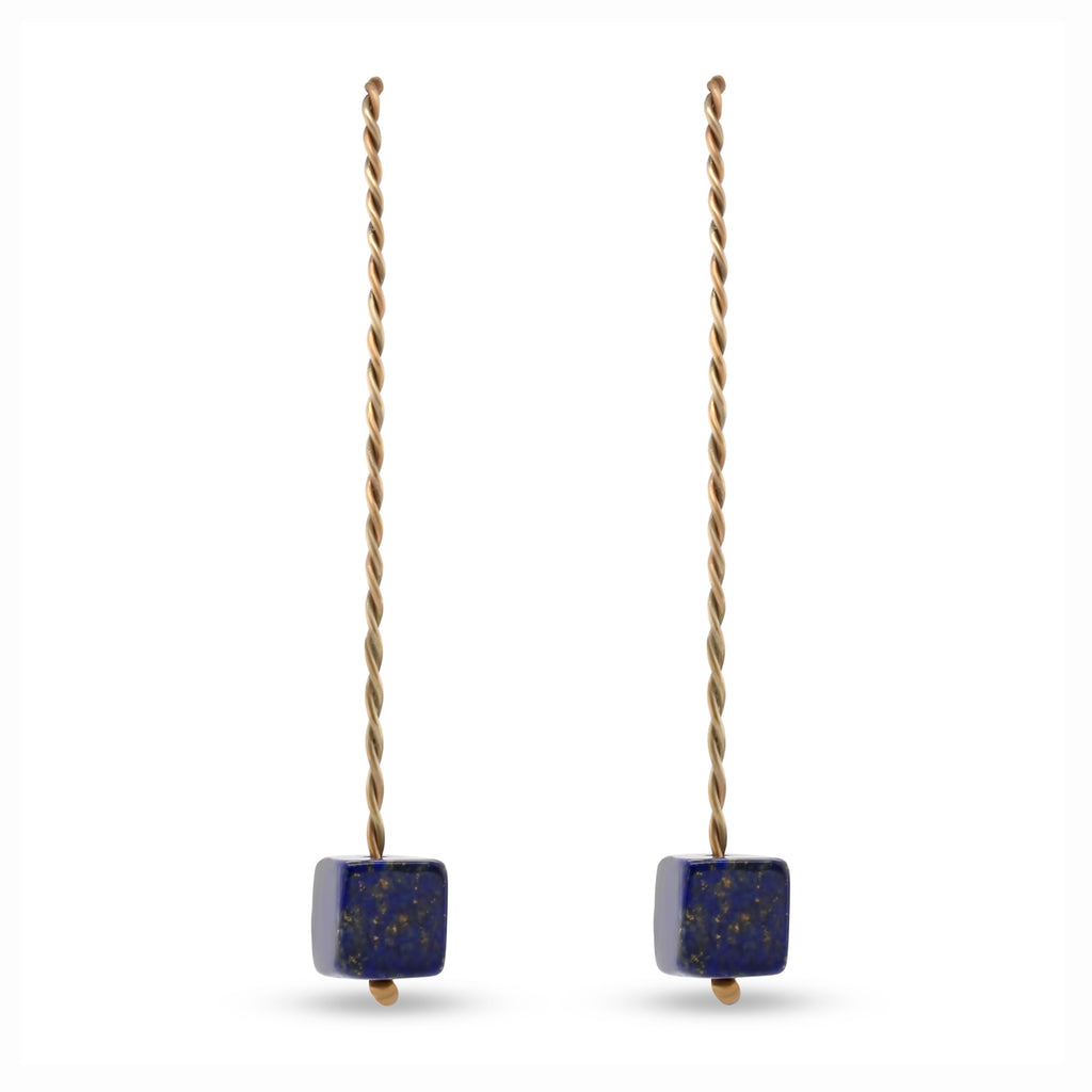 Nicole Van Der Wolf - 9k Yellow Gold Long Lapis Lazuli Earrings - DESIGNYARD, Dublin Ireland.