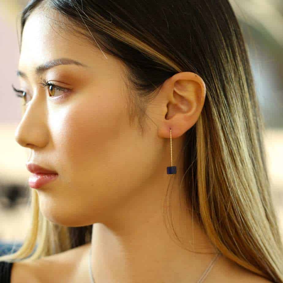 Nicole Van Der Wolf - 9k Yellow Gold Long Lapis Lazuli Earrings - DESIGNYARD, Dublin Ireland.