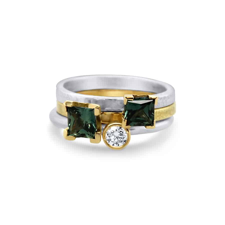 Photograph 1 of Shimara Carlow's Contemporary 18k Yellow Gold Silver Princess Cut Sapphire Diamond Stack Engagement Ring. Available on DESIGNYARD.com and in our Jewellery Shop Dublin, Ireland. Free Worldwide Shipping with DHL.