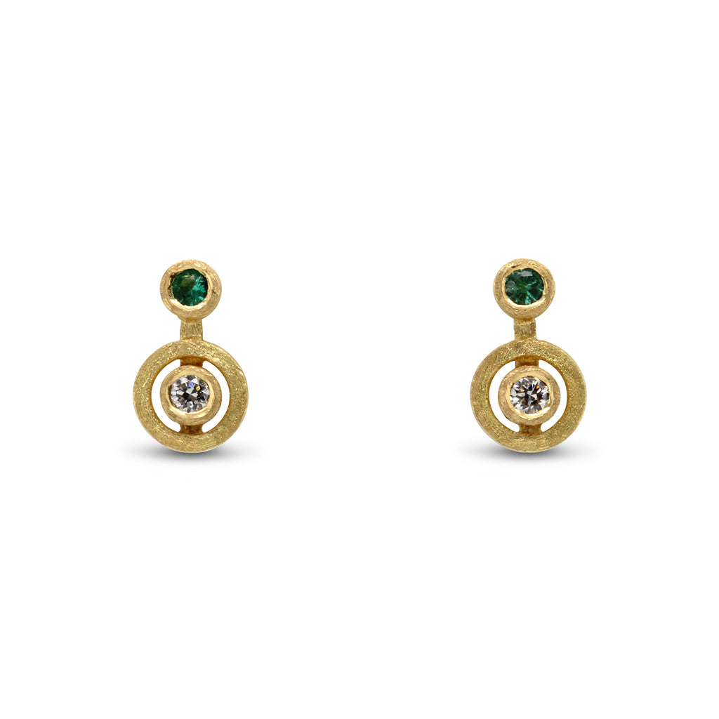 Photograph 1 of Shimell & Madden's Contemporary 18k Yellow Gold Emerald Nova Mini Studs. Available on DESIGNYARD.com and in our Jewellery Shop Dublin, Ireland. Free Worldwide Shipping with DHL.