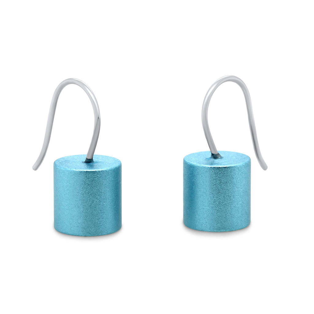 Photograph 1 of Ursula Muller's Contemporary Light Blue Aluminium Roller Earrings. Available on DESIGNYARD.com and in our Jewellery Shop Dublin, Ireland. Shipping Worldwide.